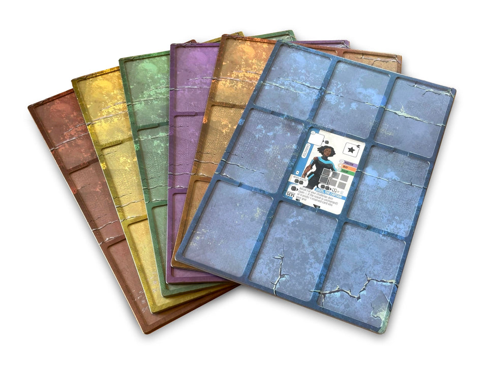Stonemaier Games Vantage double-layered playmats forming a stable 3x3 card grid