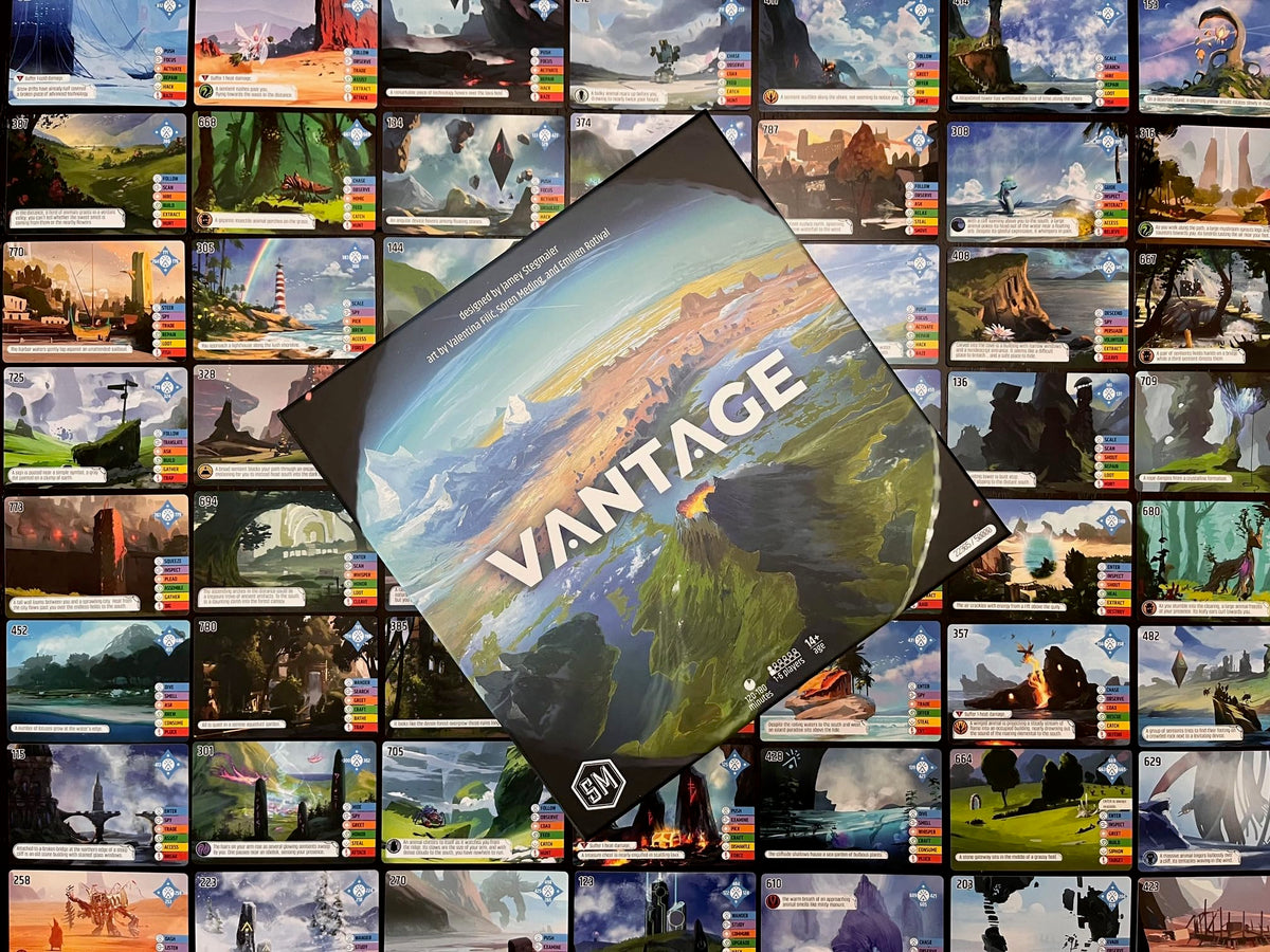 Stonemaier Vantage location cards present seven action options for thoughtful decisions.