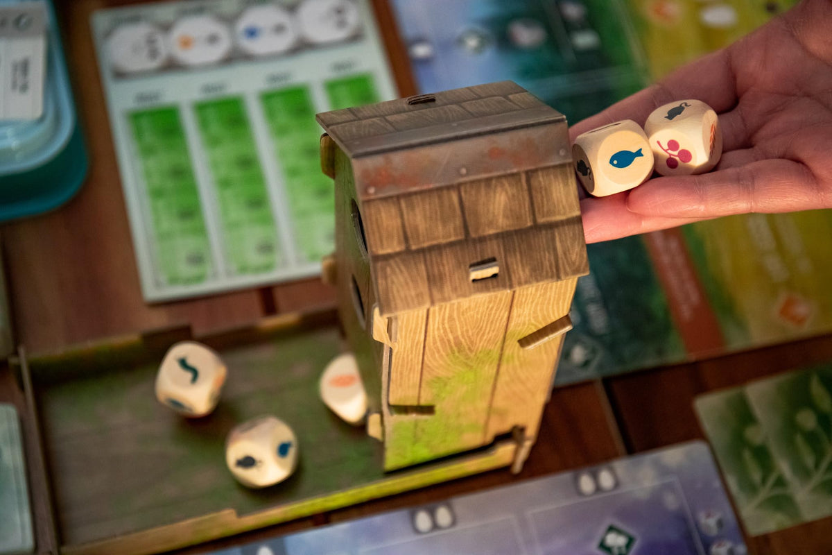 Stonemaier Wingspan base dice tower in action for resource generation