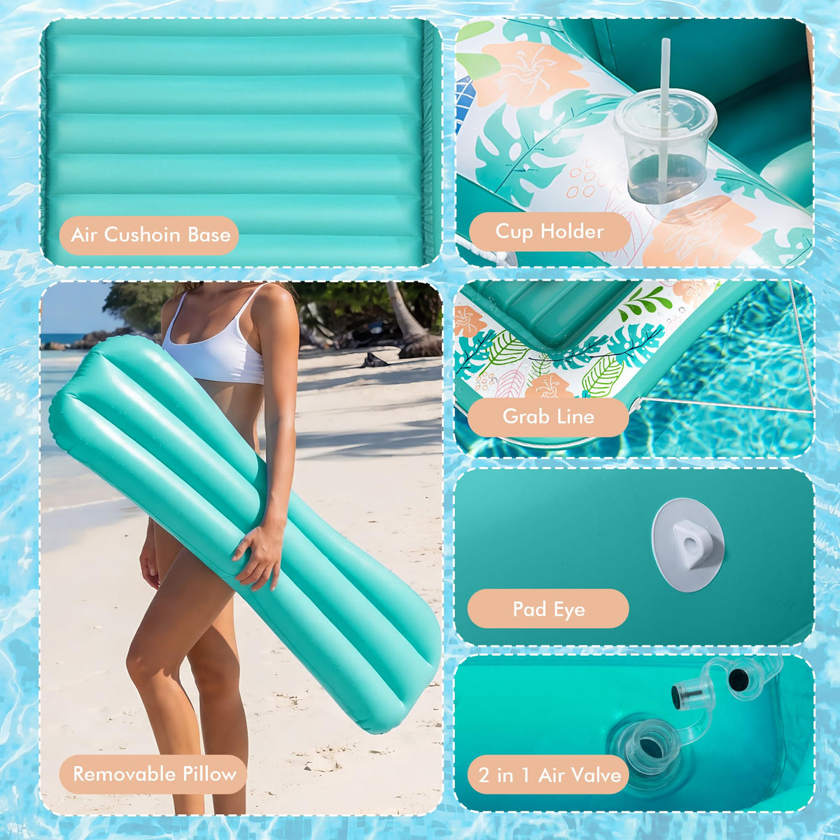 Large 87x63 inch design suitable for pools, beaches, and backyard lounging.