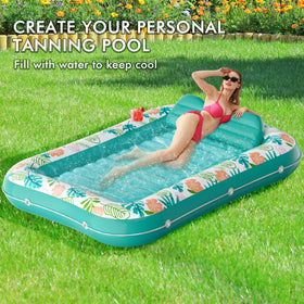 Stonful lounger with removable pillow provides neck support during tanning.
