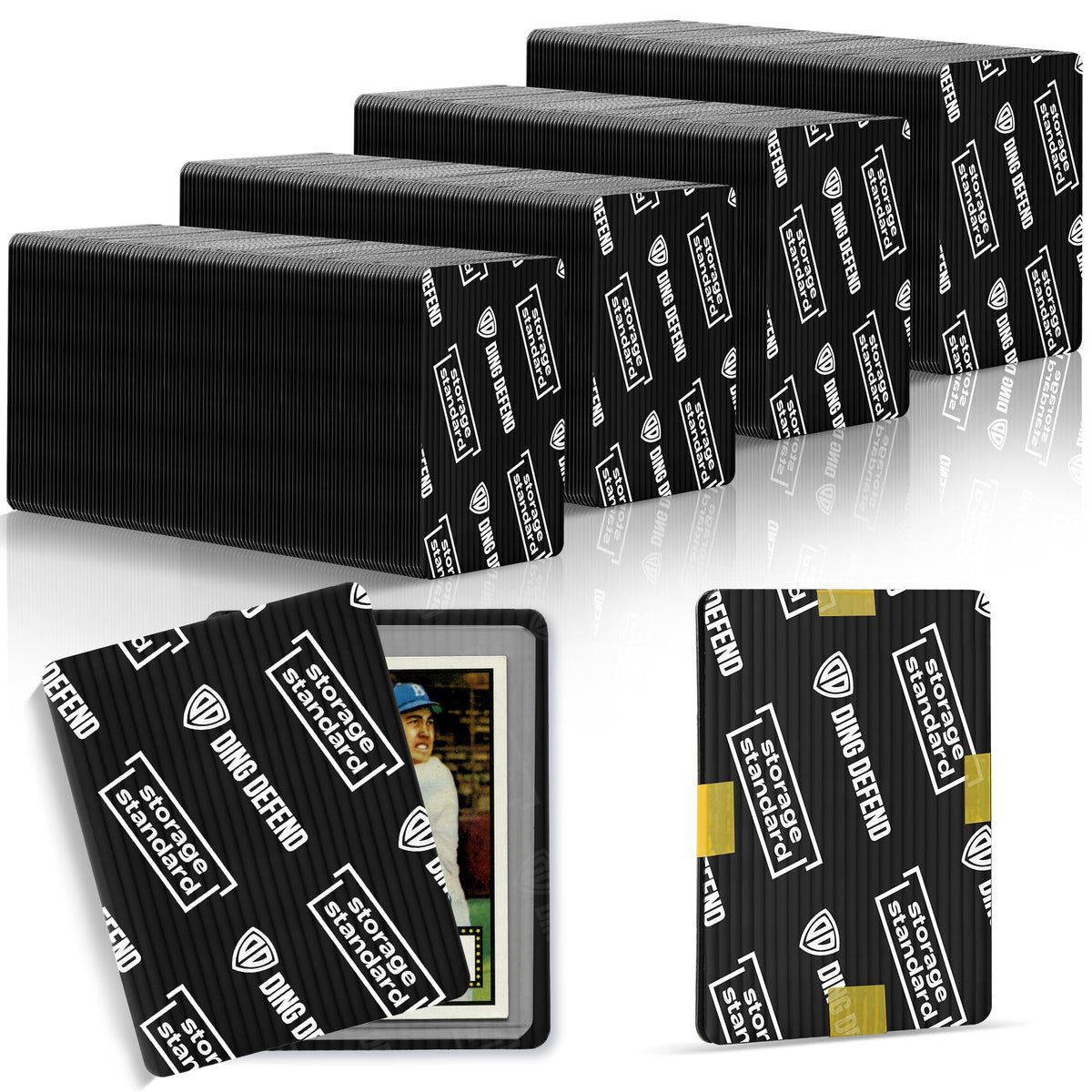 Storage Standard Ding Defend protector in black shields 3.5 x 4.5 cards during transit.