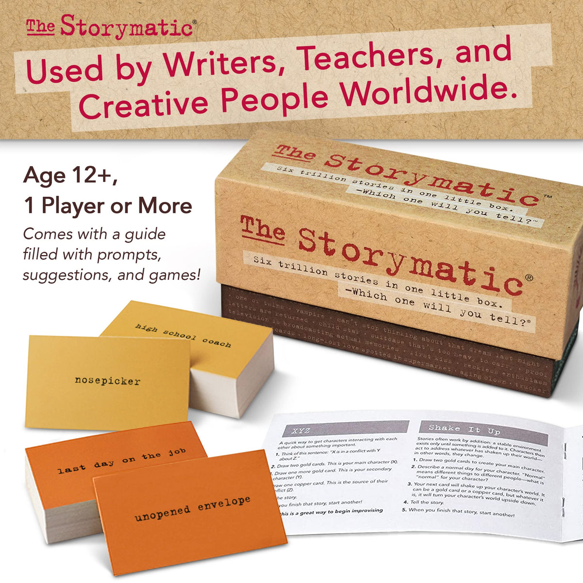Storymatic Classic booklet with prompts complements card deck for classroom warm-ups.