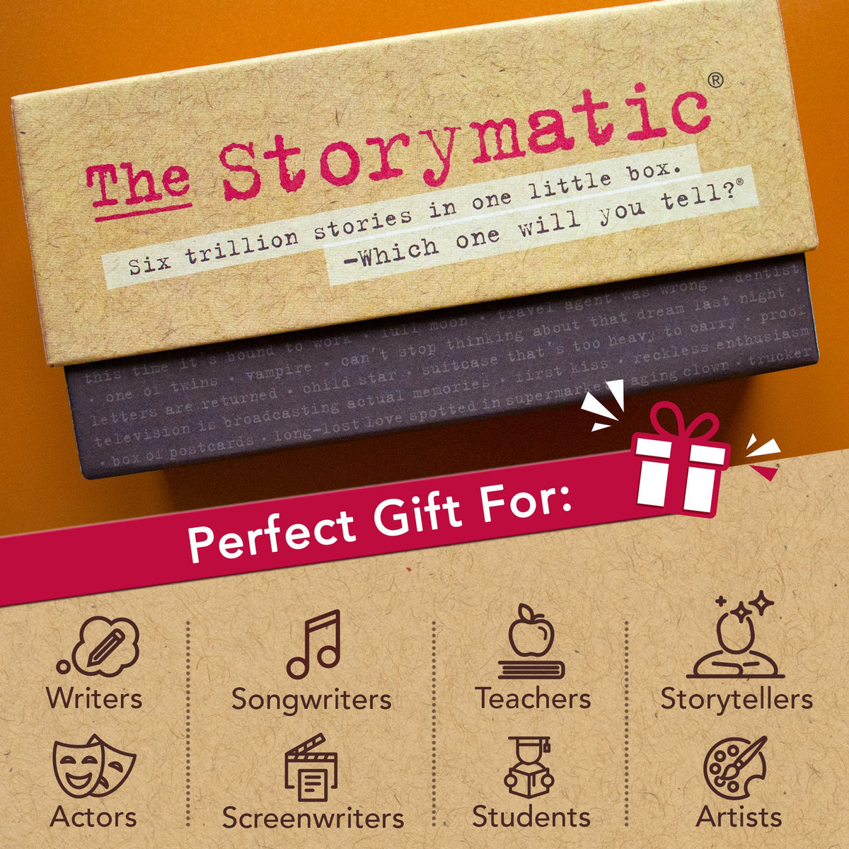 Storymatic Classic gift pack shown as a creative present for writers and teachers.