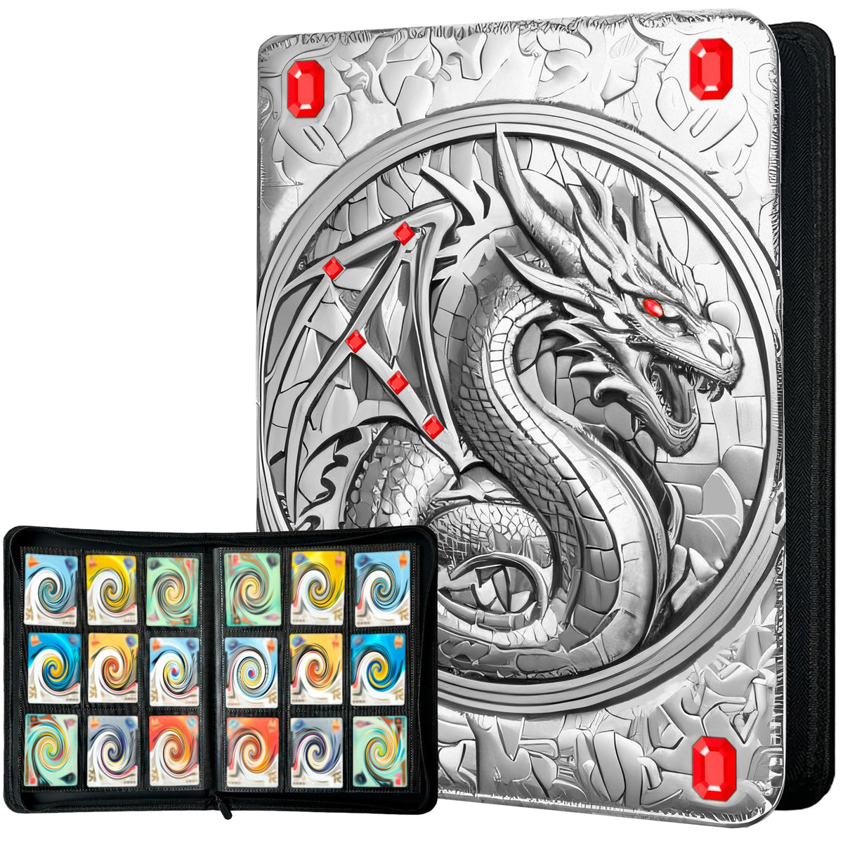 Stoytto binder shows 3D embossed dragons for display-ready protection.