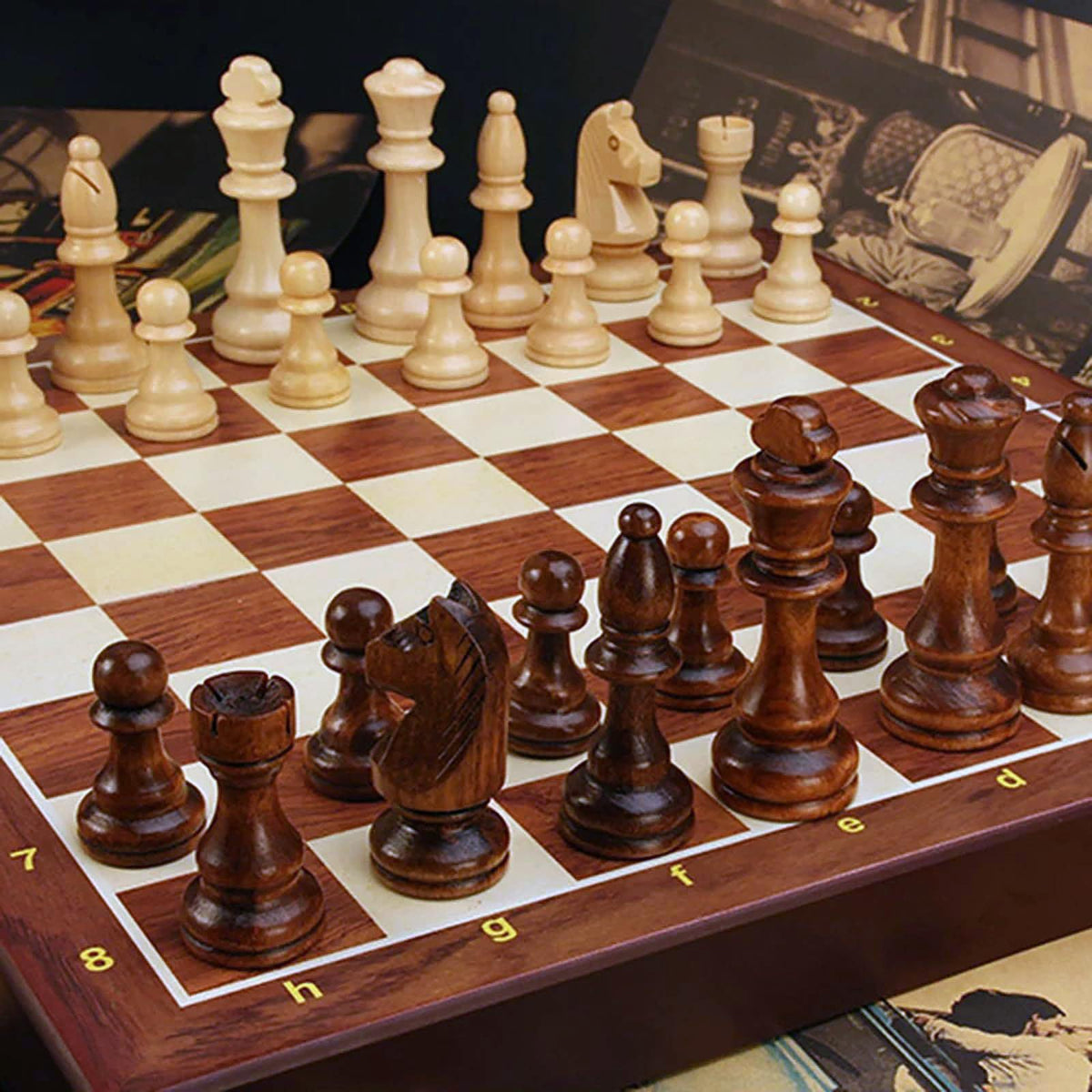 Strategyify folding walnut chess board folded for compact travel and storage