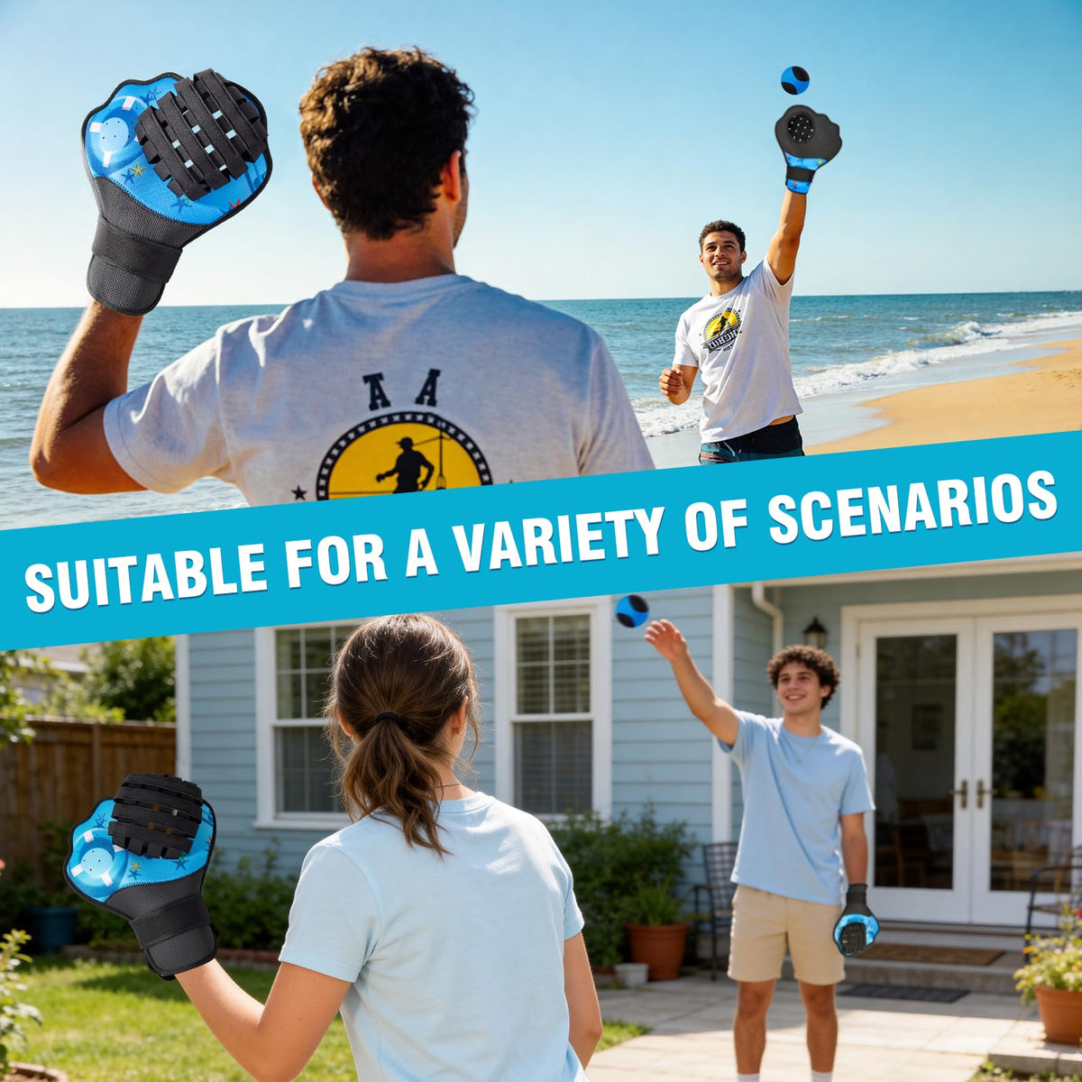 Strdfeve beach scene with water ball and gloves ready for play