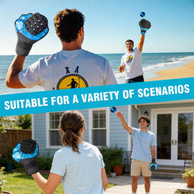 Strdfeve beach scene with water ball and gloves ready for play
