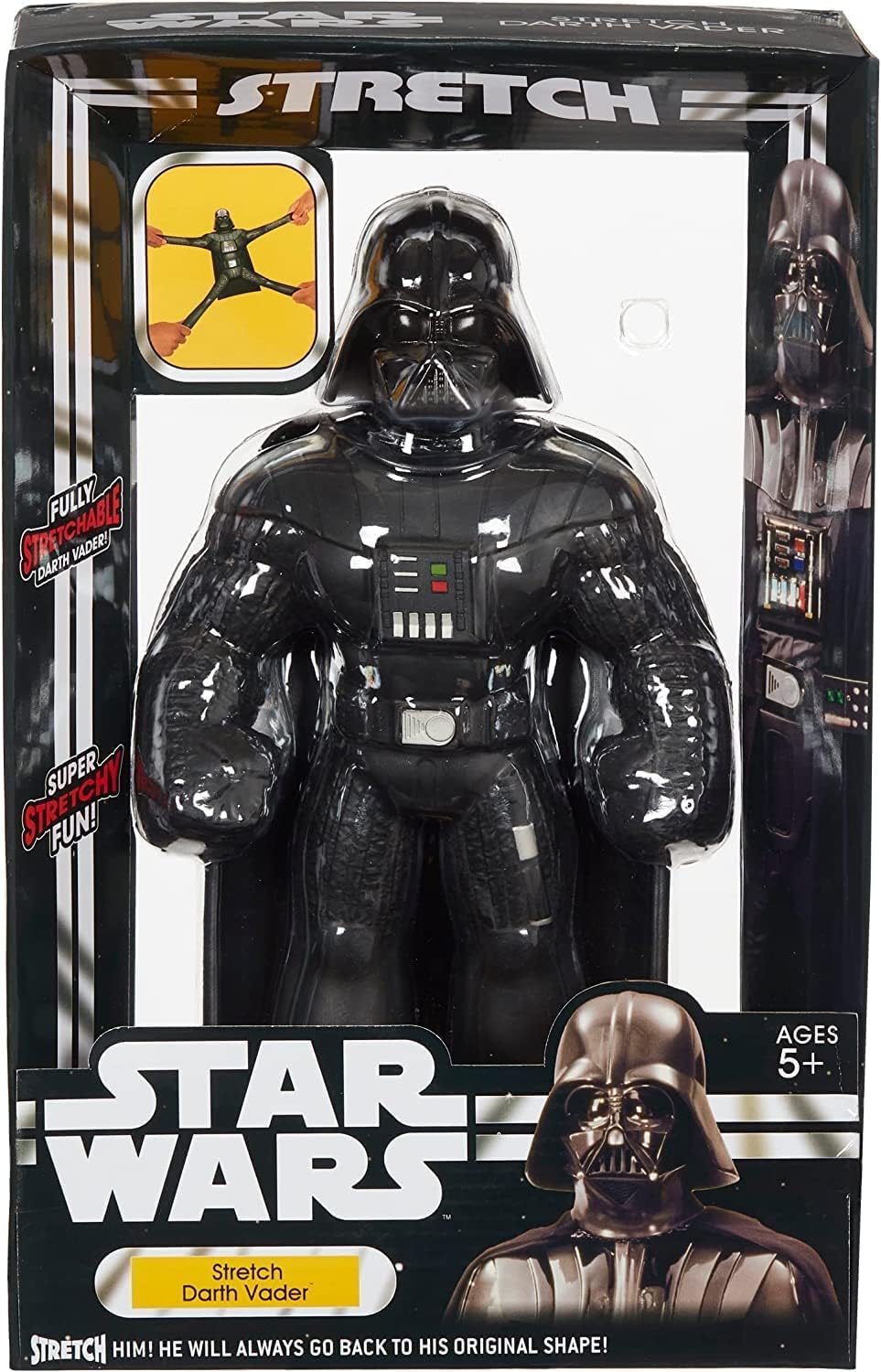 STRETCH ARMSTRONG Darth Vader stretchable figure in hand for twisting and posing.