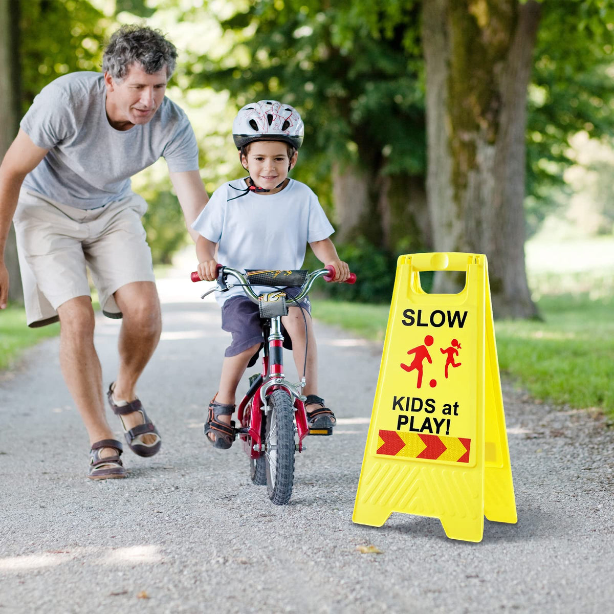 StrLon two-sided sign folds for easy storage and transport.