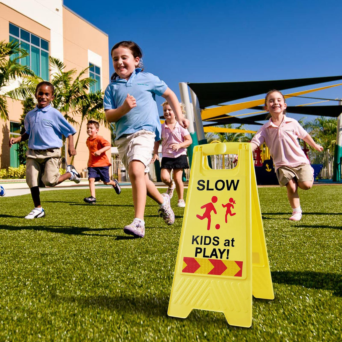 StrLon kids at play sign alerts drivers near neighborhoods and parks.