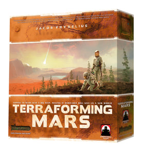 Stronghold Games' Terraforming Mars board setup with player boards and tokens.
