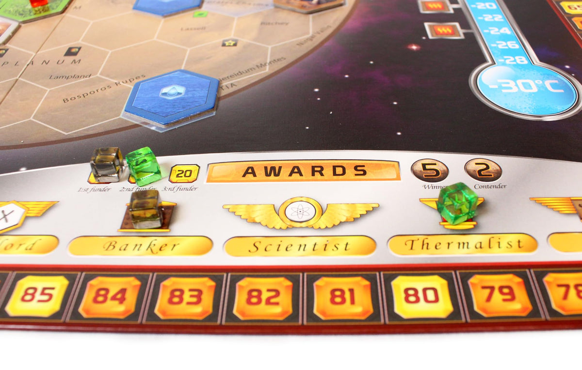 Stronghold Games Terraforming Mars corporation card highlights unique starting powers.