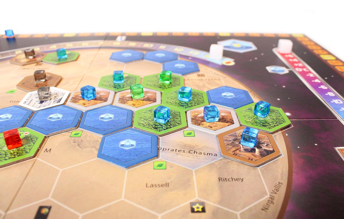 Terraforming Mars milestone and award tiles drive competitive scoring.