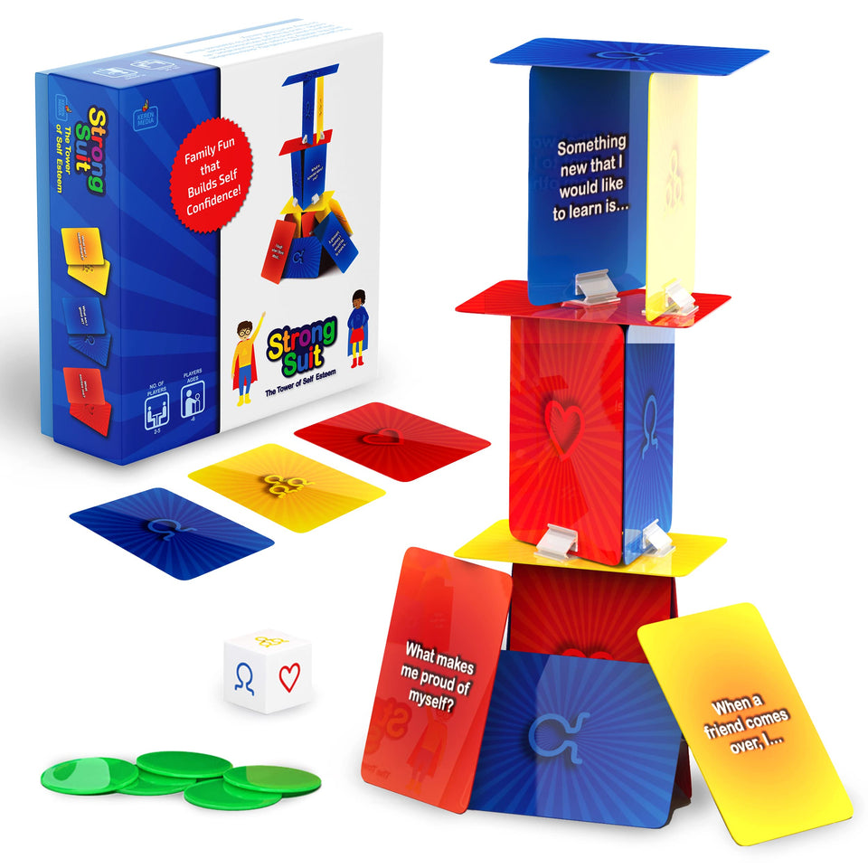 StrongSuit Tower of Self Esteem components laid out for engaging therapy play