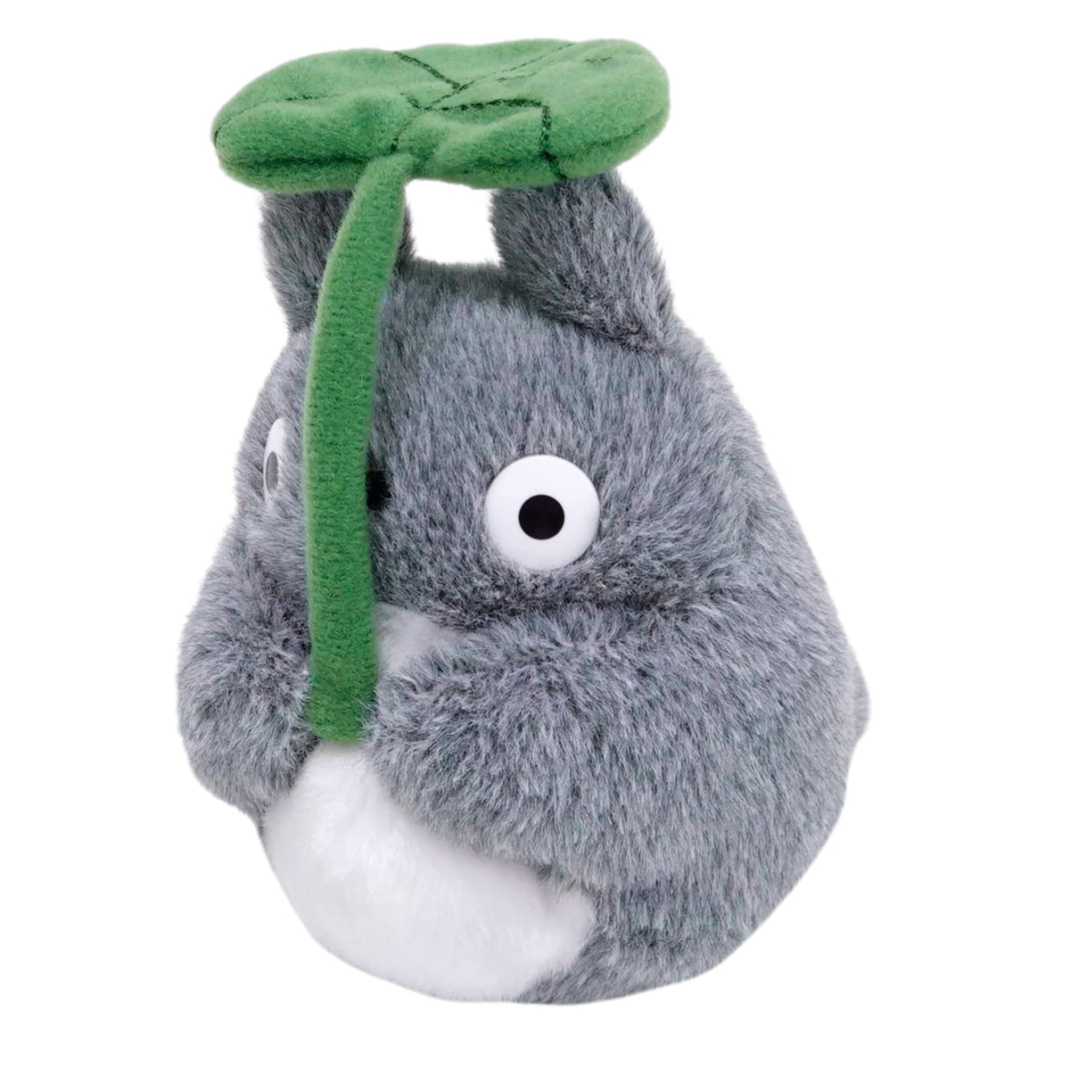 Close-up of Studio Ghibli Totoro plush shows soft fabric and friendly expression.