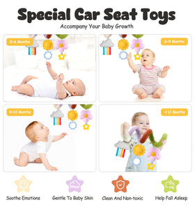 Stuffed car-seat clip accessory helps secure toys for safe on-the-go play.