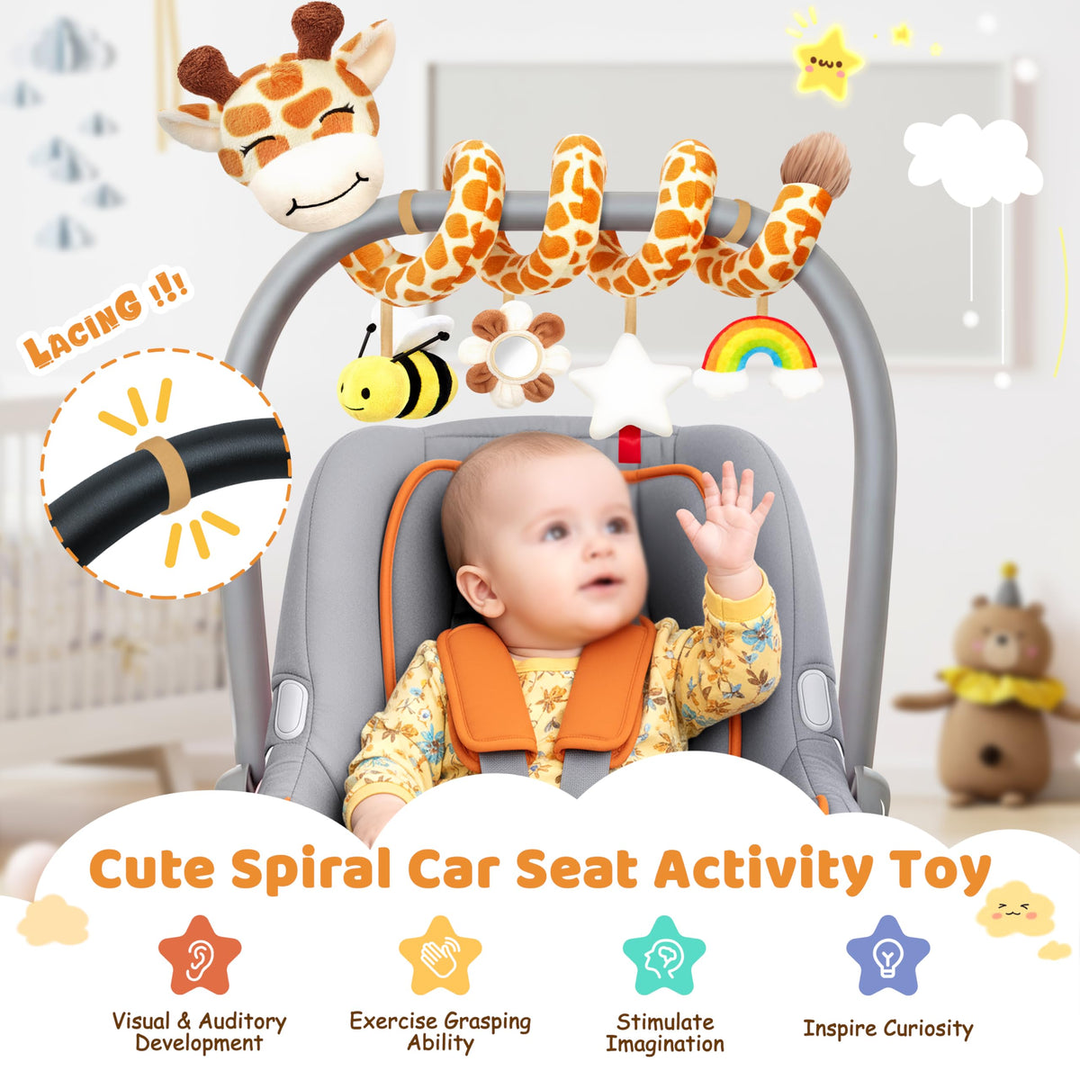 Stuffed car-seat clip keeps the giraffe toy secure on strollers.