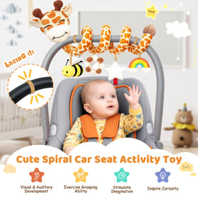 Stuffed car-seat clip keeps the giraffe toy secure on strollers.