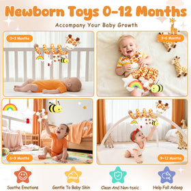 Stuffed giraffe includes rainbow, bee, stars, and flower for multisensory exploration.