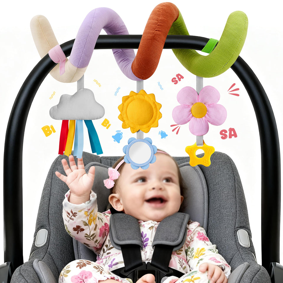 Stuffed spiral cow car seat toy promotes visual tracking during car rides.