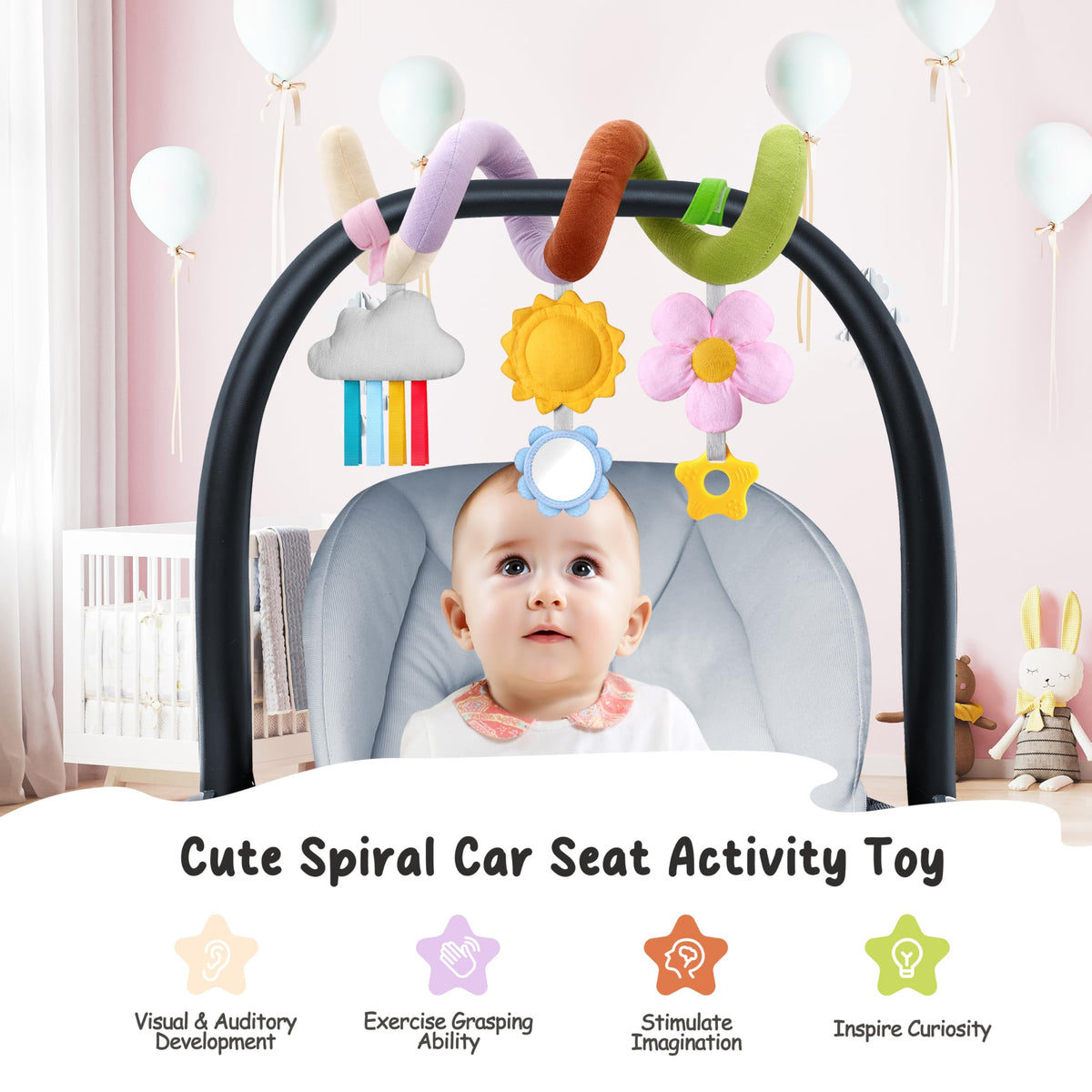 Stuffed detachable toys set encourages reaching and grabbing during stroller outings.