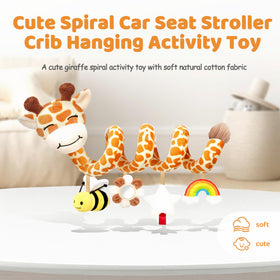 Stuffed giraffe toy with mirror attracts attention for focused play.
