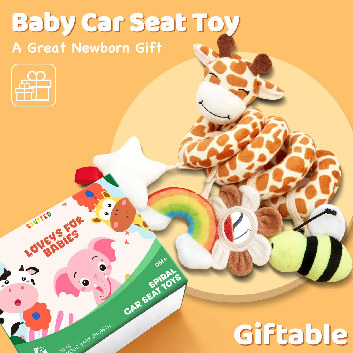 Stuffed high-contrast colors help capture baby attention during play.