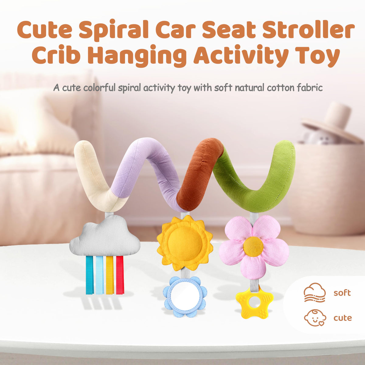 Stuffed pink flower toy offers soft texture for grasping and on-the-go play.