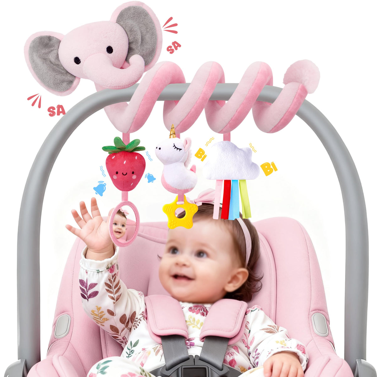 Stuffed Spiral Baby Car Seat Toy with pink elephant and strawberry for newborn visual tracking