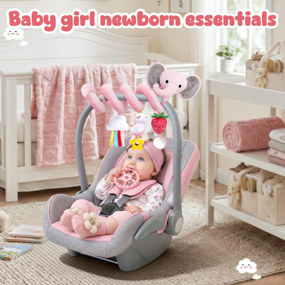 Baby car seat toy set with pink elephant and strawberry accents for on-the-go play