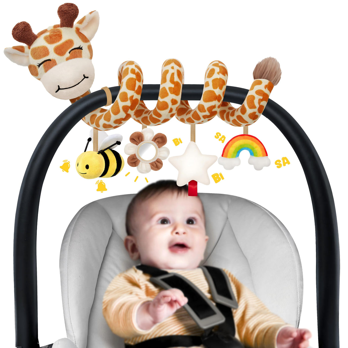 Stuffed spiral giraffe hanging toy promotes visual tracking with bright colors.