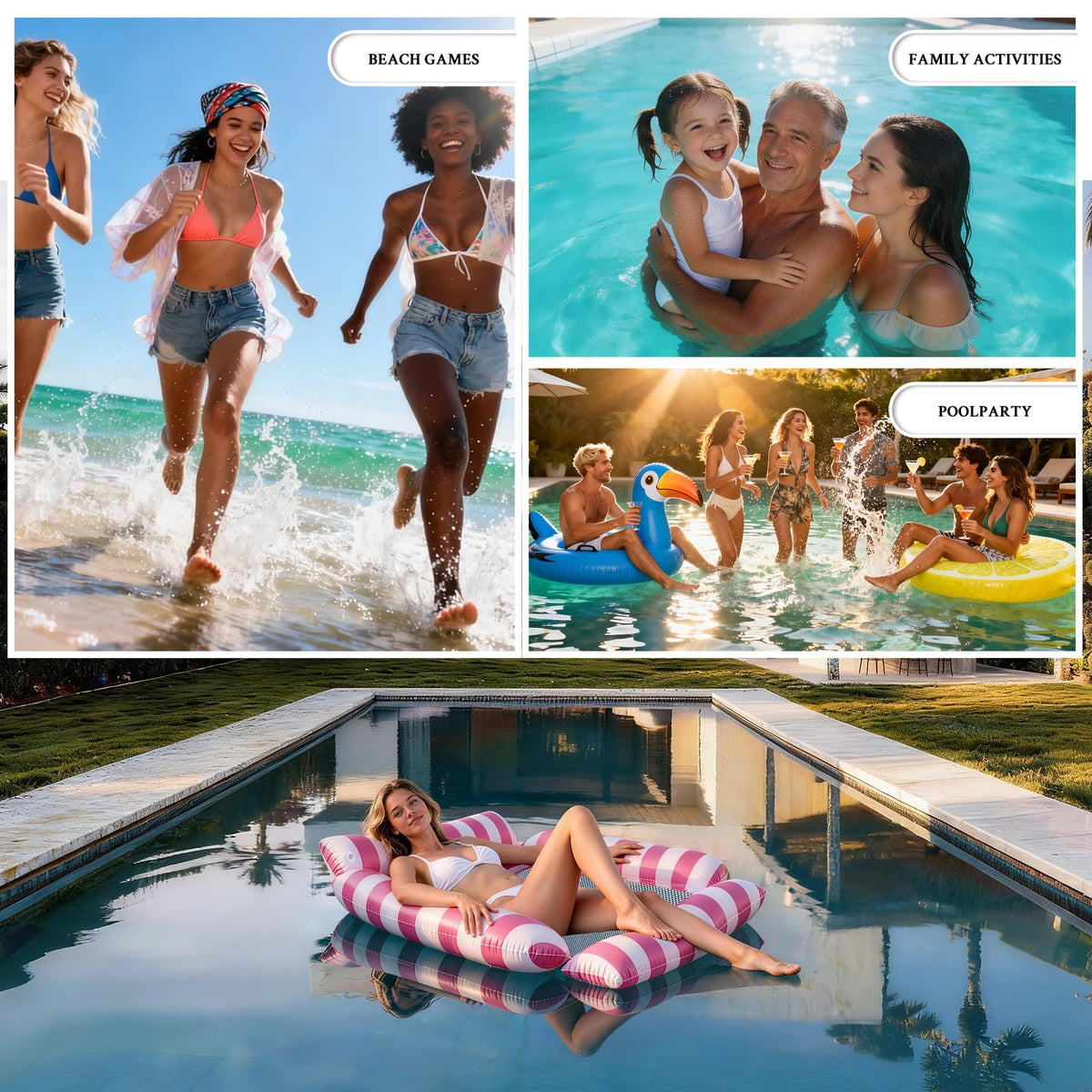 Ergonomic STYLISHT float with buoyant support for relaxed sunbathing.