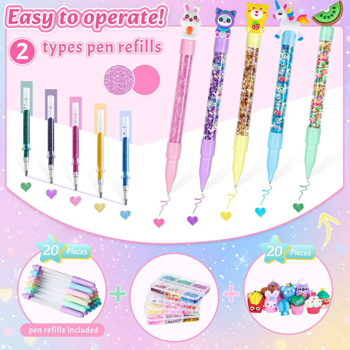 Inside the Subao 73-plus glitter pen kit: 20 pens and accessories.