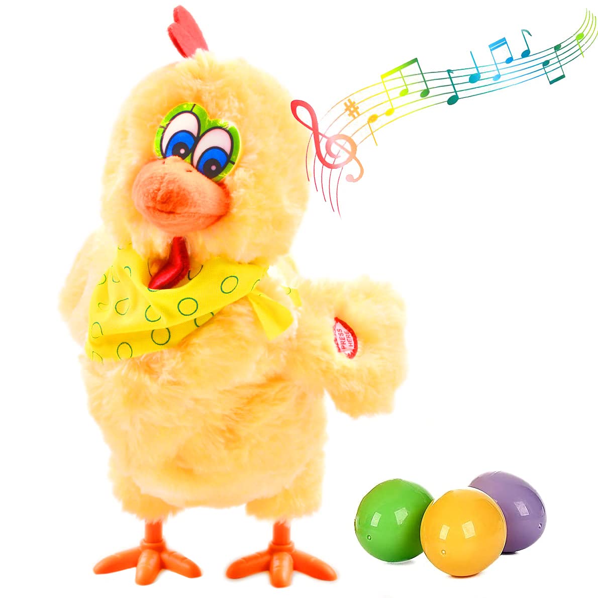 SuBleer plush chicken laying eggs toy with three eggs, ideal for imaginative play.