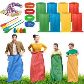 SucculentLovers potato sack race bags in bright colors for backyard fun.