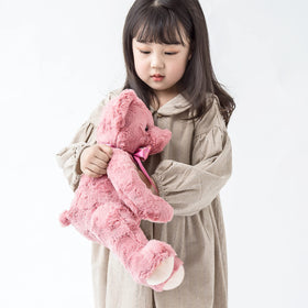 Suepcuddly teddy bear shown as a gift-ready present.