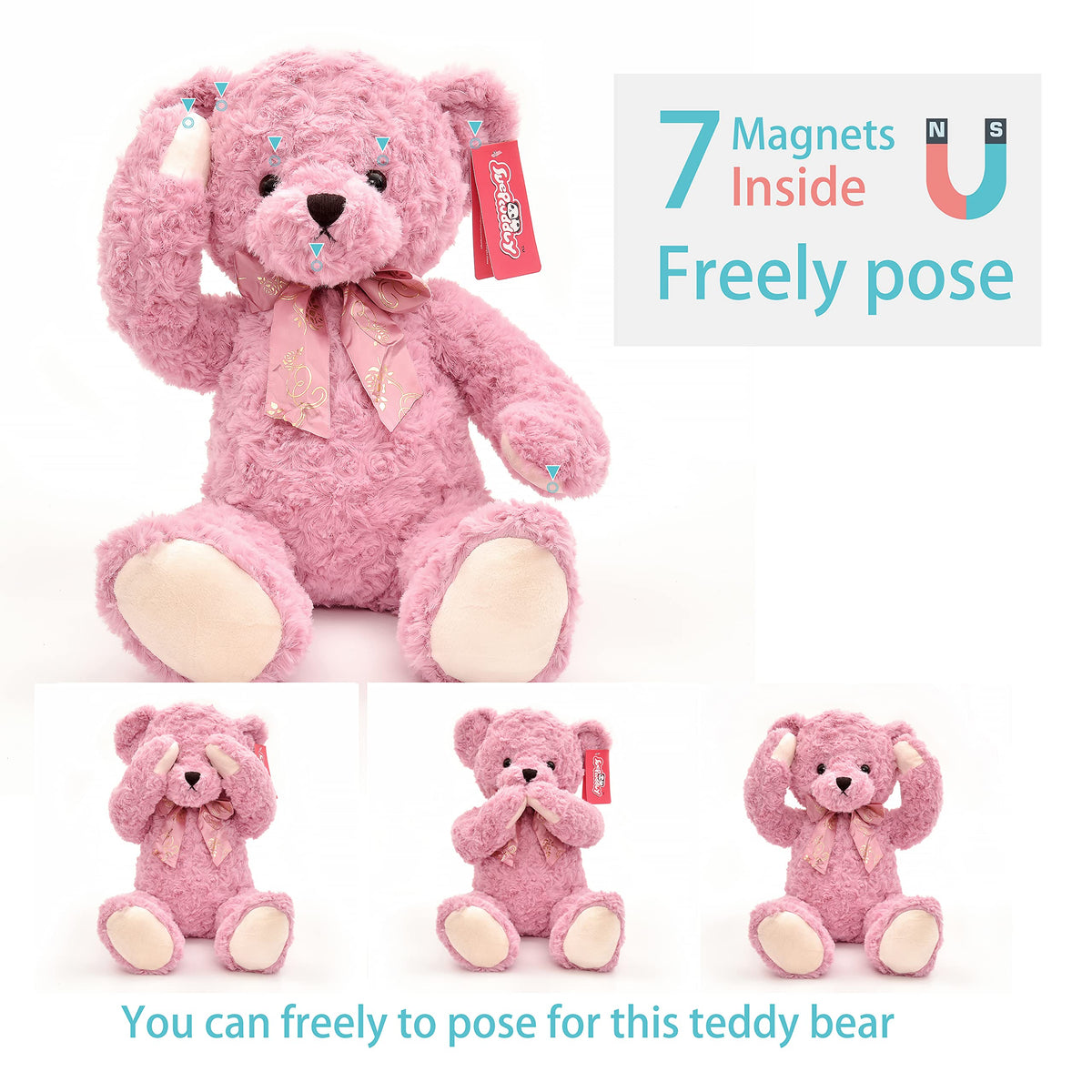Suepcuddly teddy bear with magnet joints for poseable play.