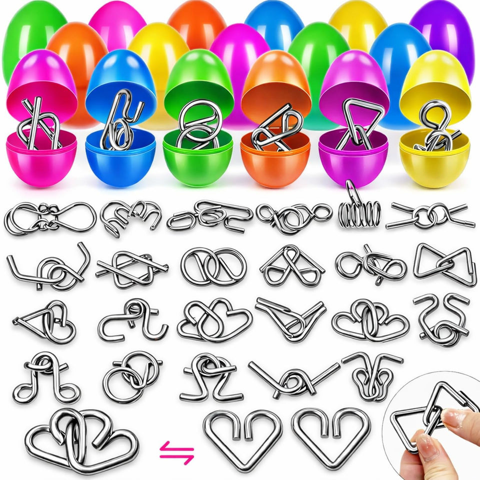 Sufuplay 24-pack Easter eggs with metal brain teaser puzzles hidden inside for curious kids