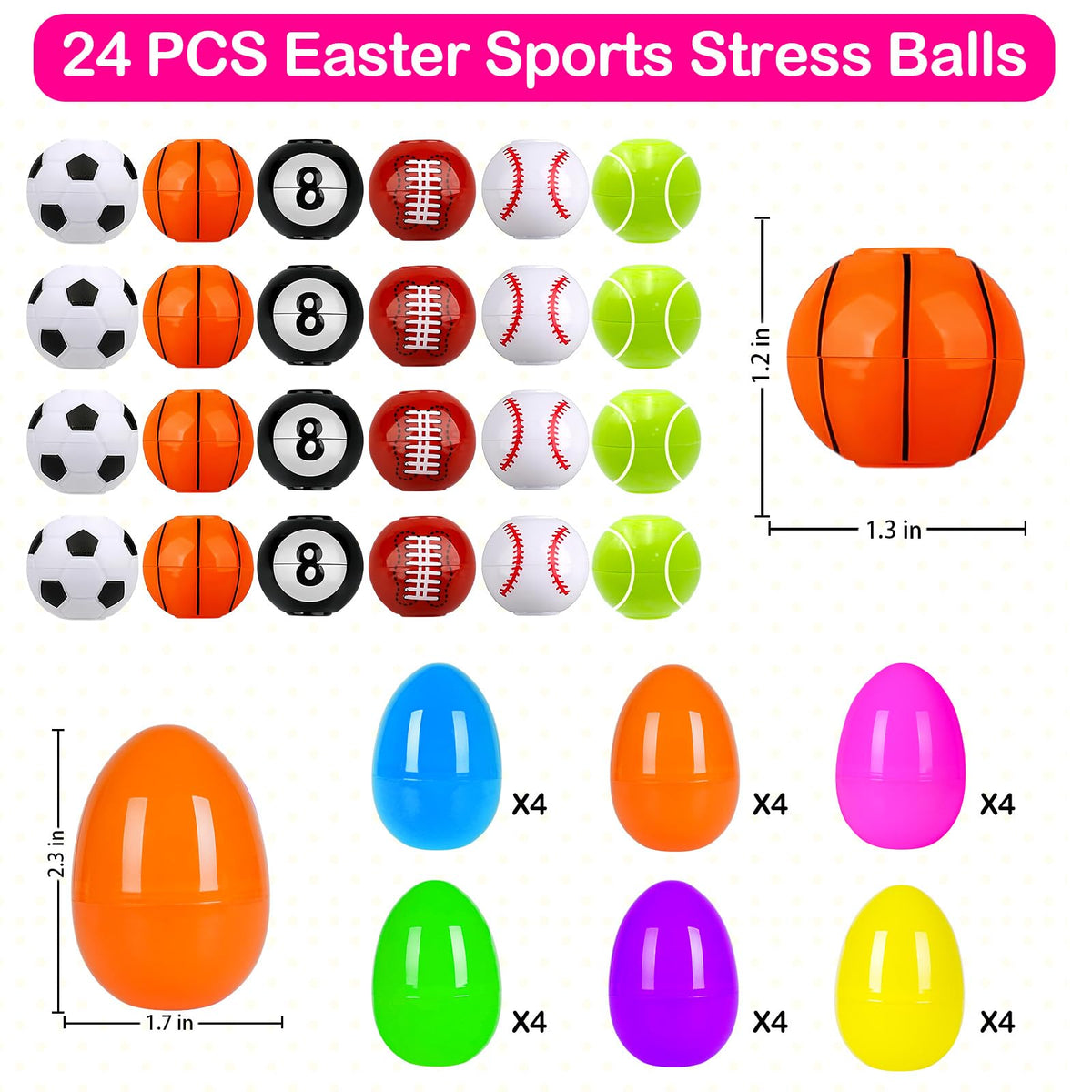 Sufuplay colorful eggs with sport balls ready for Easter hunts.