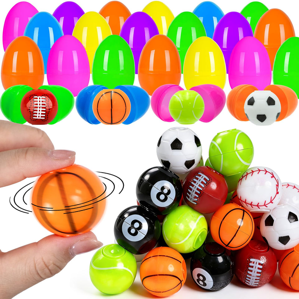 Sufuplay sports stress balls inside blue and yellow eggs for tactile play.