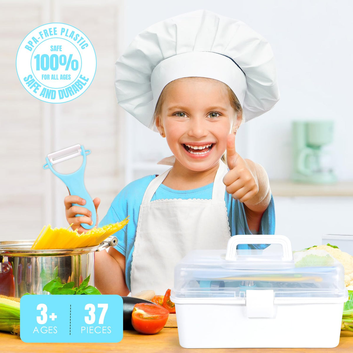 Suhctuptx 37PCS Kids Cooking Set spatula and spoon encourage hands-on cooking with guidance.