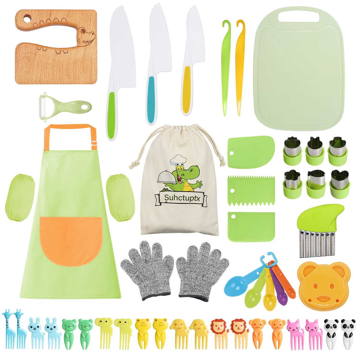 Suhctuptx crocodile kids knife set wooden, safe for pretend kitchen play and learning.