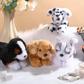Suilung plush dog side-view showing gentle proportions for shelf display and charm