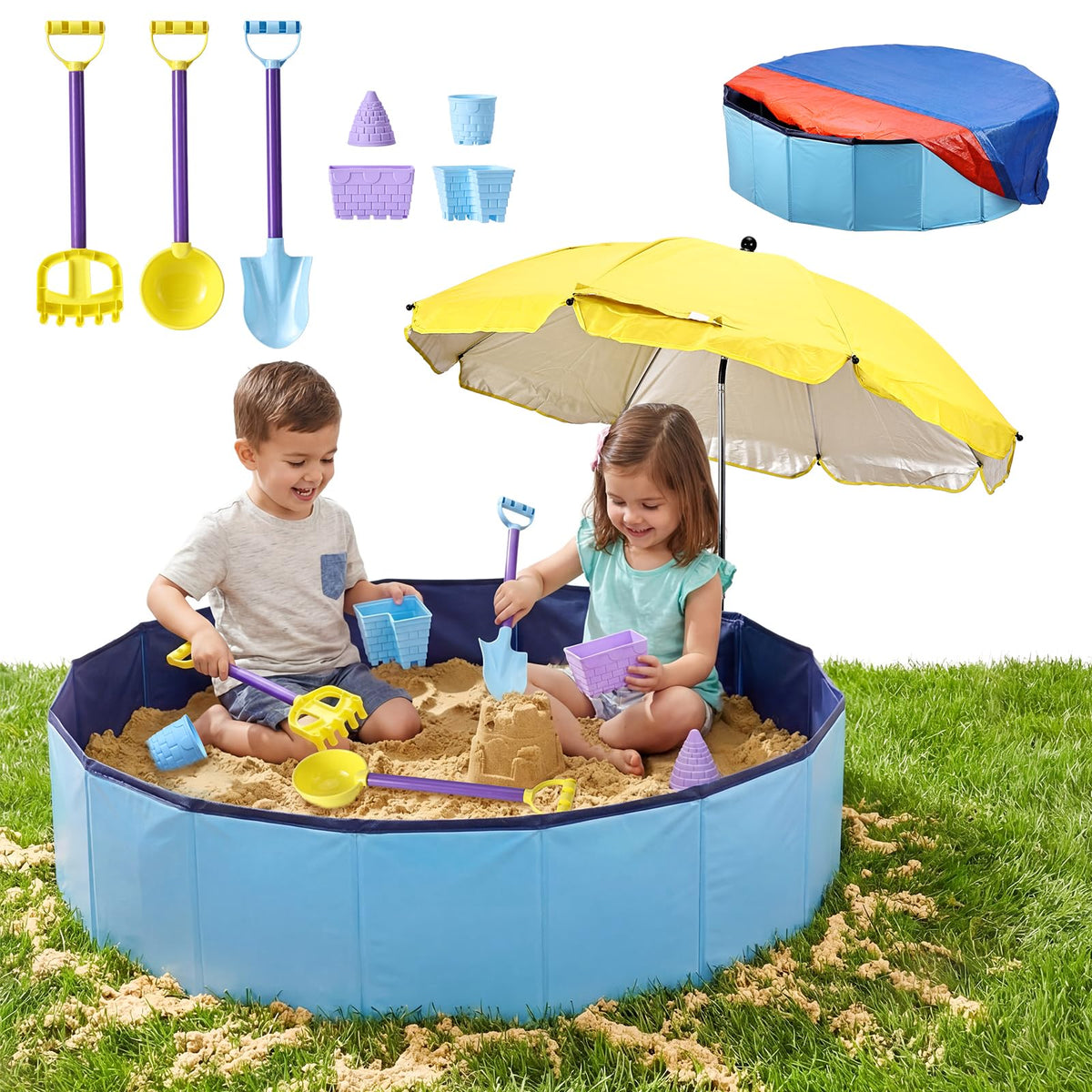 Sumapner large sandbox with 39-inch diameter offers ample shared outdoor play.