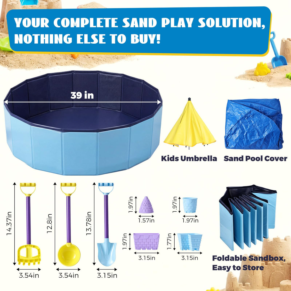 Sumapner 7-piece sand toy set with umbrella for sunny, organized play.