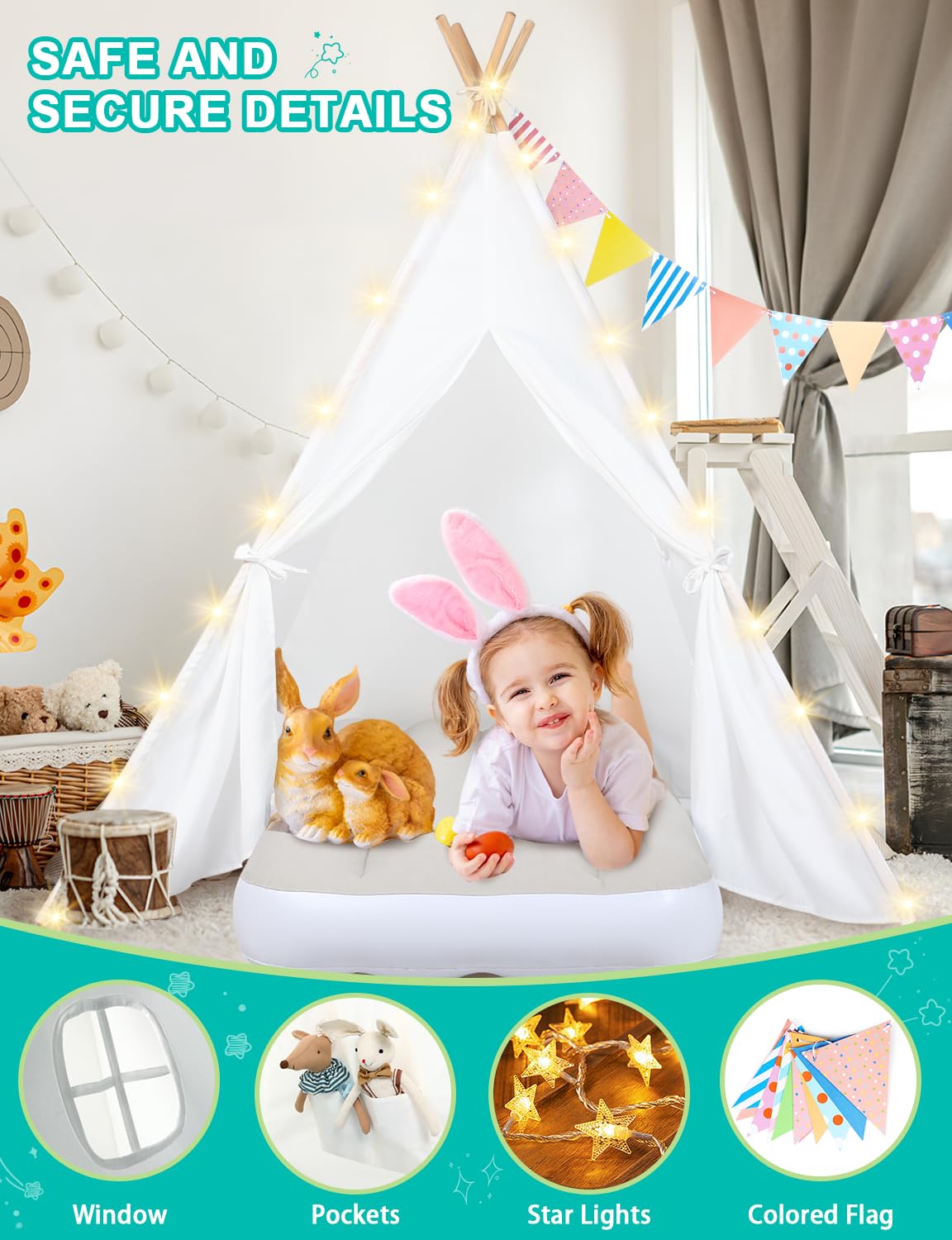 Sumbababy colored flags brighten the teepee decor