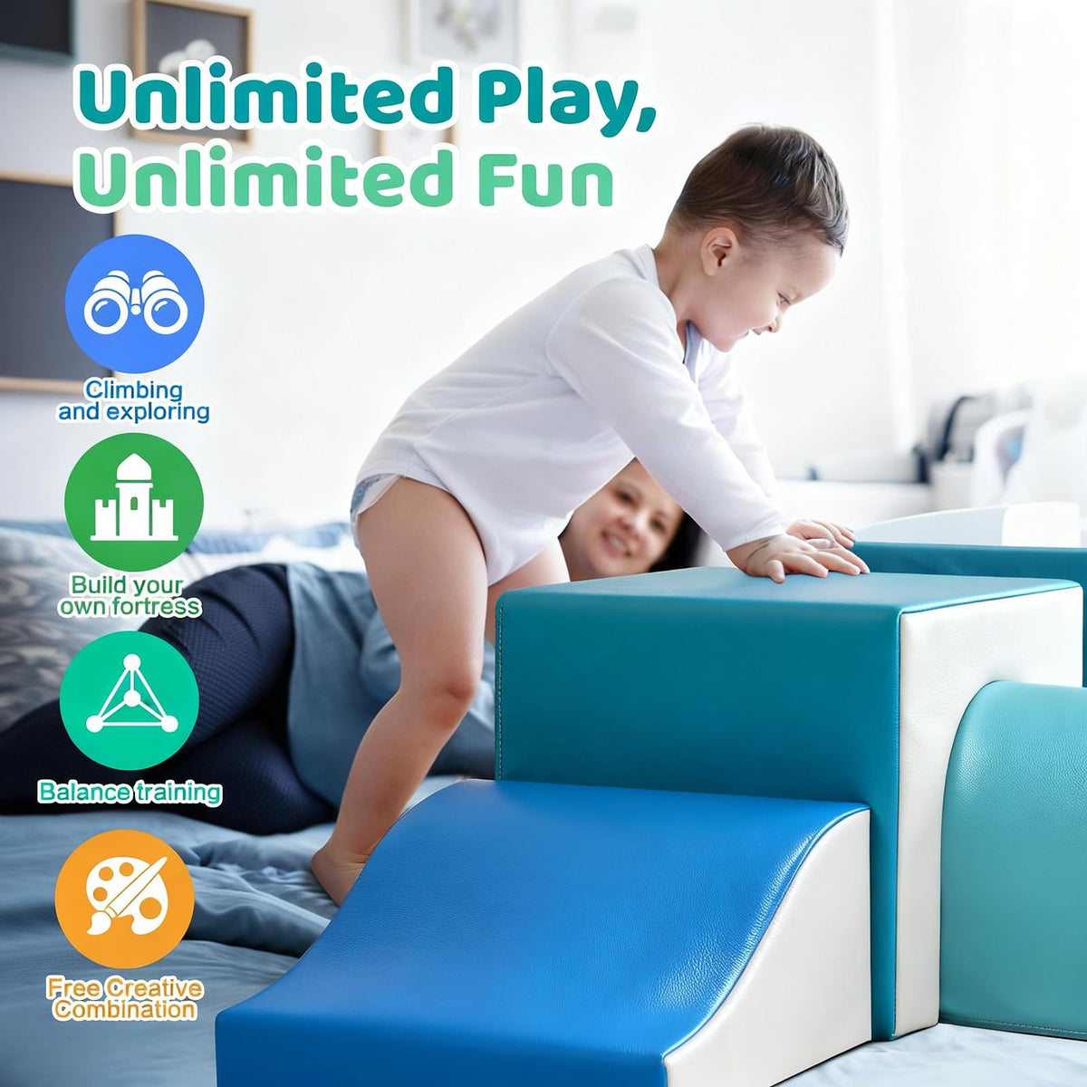 Sumbababy foam climbing blocks set shown in a cozy playroom.