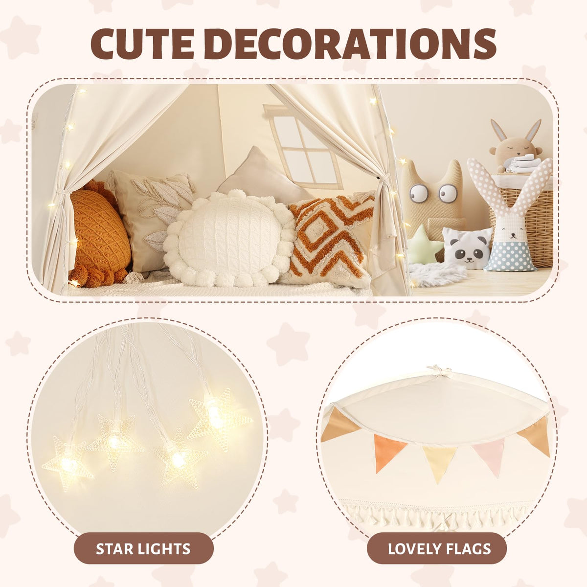 Sumbababy Teepee with flags adds playful decor for imaginative play.
