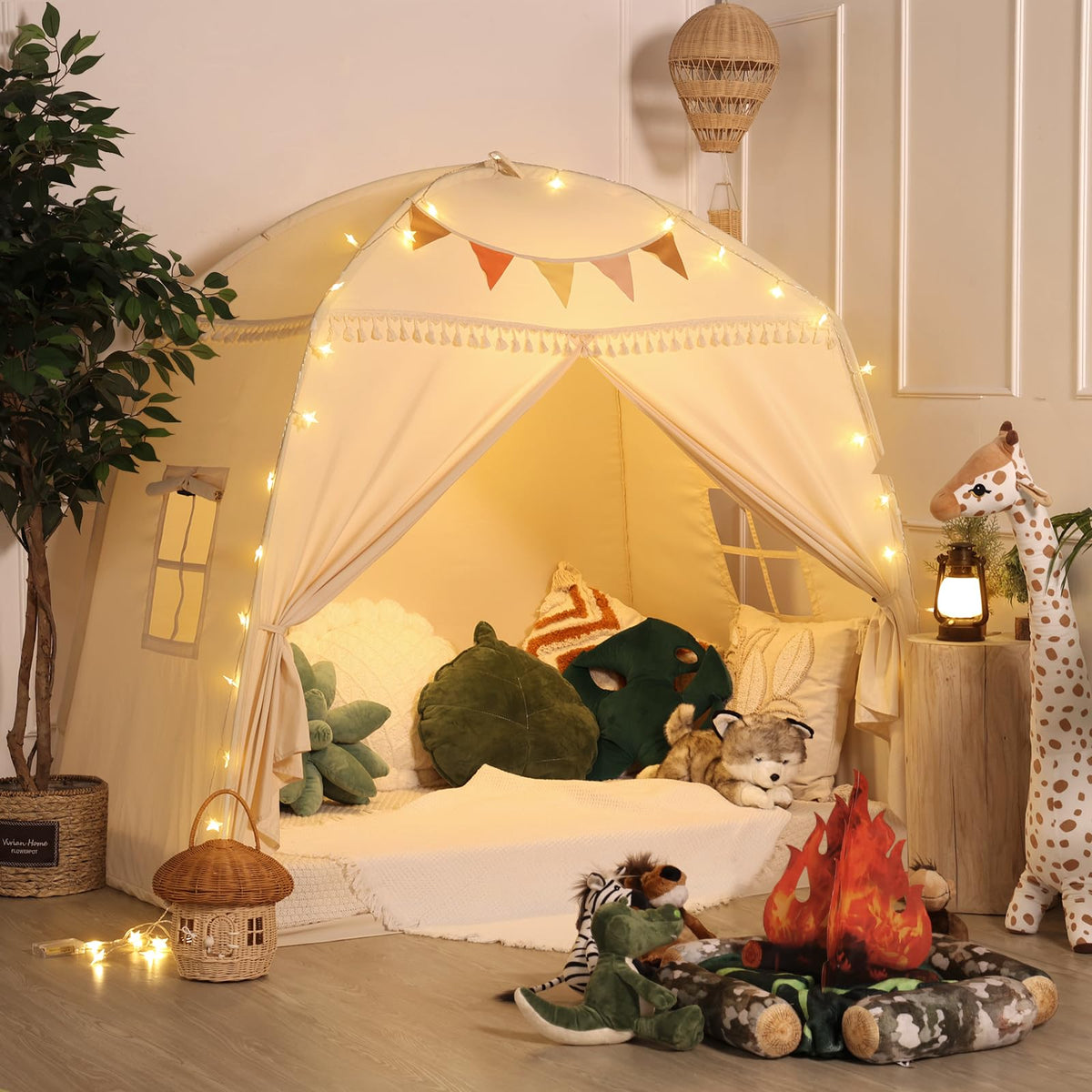 Sumbababy Cream Teepee blends into any playroom decor and lighting.
